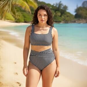 Kona Sol Black White Stripe High Waisted Retro Bikini Set Large